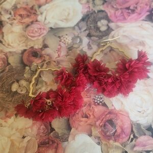 Gold Hoop Earrings with Flower Tassel Jewelry Costume Red